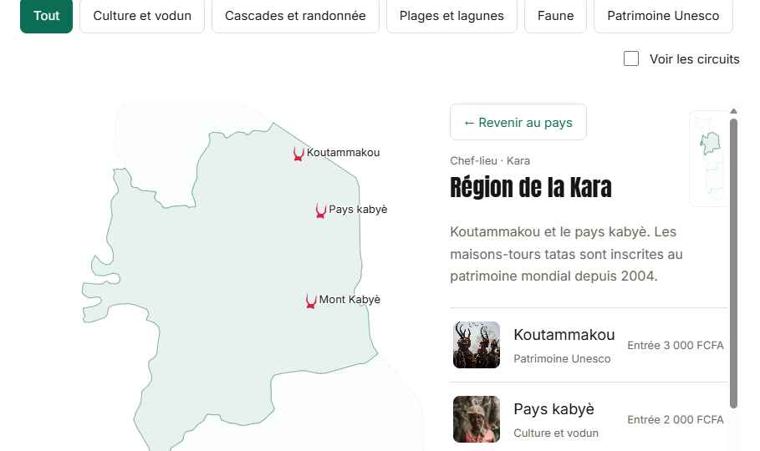 Carte zoomée sur la région de la Kara